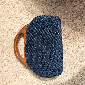 Elegant Navy Woven Clutch with Wooden Handle